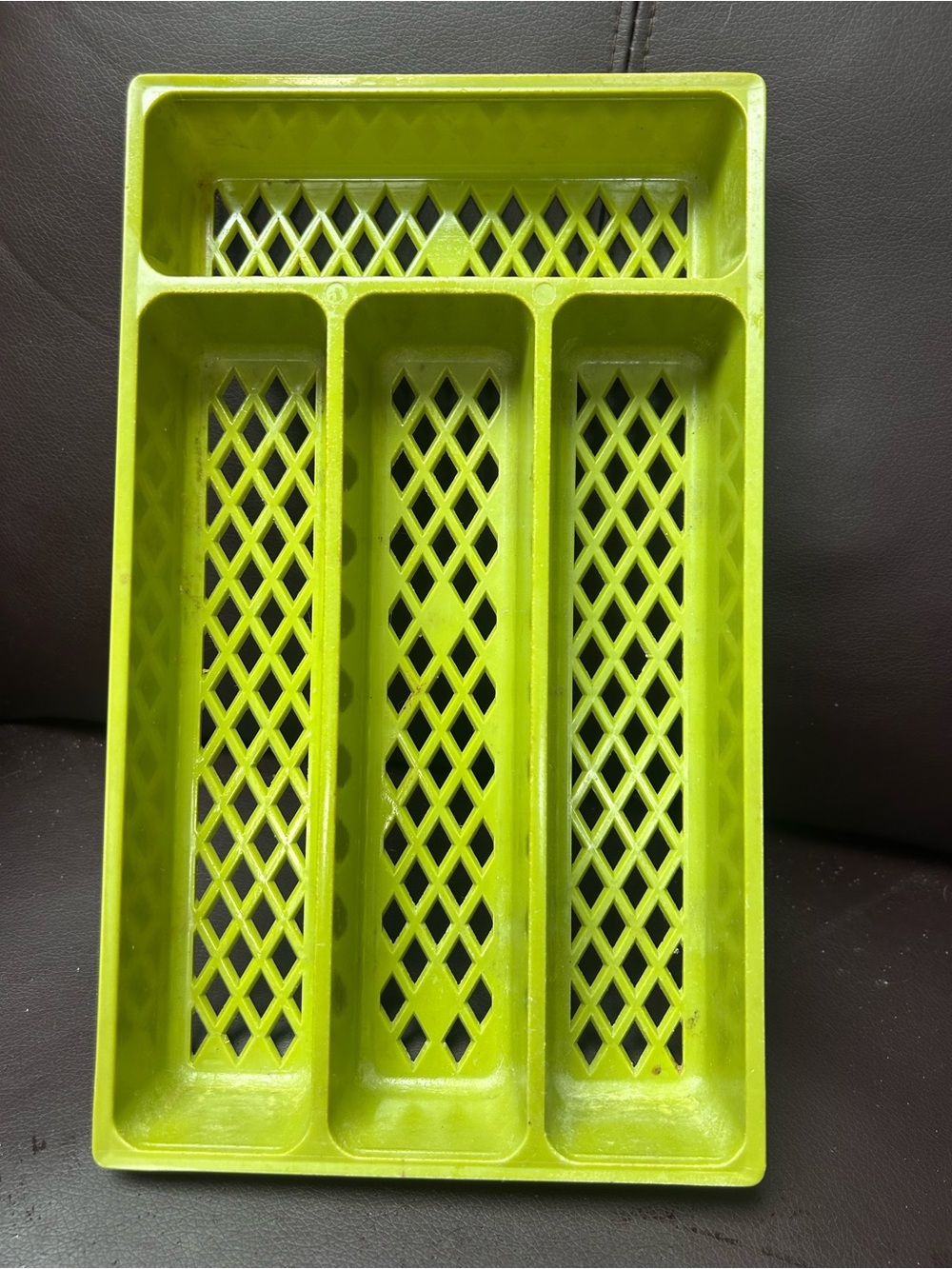 VTG Mid-Century Avocado Green Plastic Silverware Tray Retro Lattice Cutout 12X7